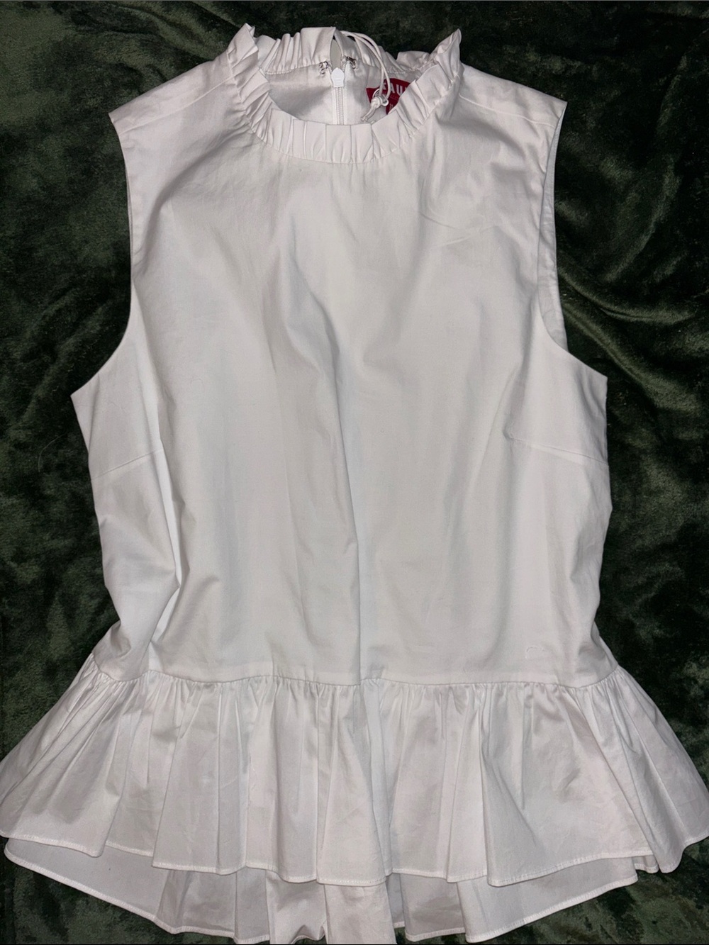 STAUD White Sleeveless Ruffle Neck Peplum Costume Top